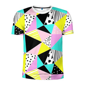 Мужская футболка 3D спортивная с принтом Треугольнички в Петрозаводске, 100% полиэстер с улучшенными характеристиками | приталенный силуэт, круглая горловина, широкие плечи, сужается к линии бедра | Тематика изображения на принте: лоскутное шитье | полигоны | разноцветный | яркий