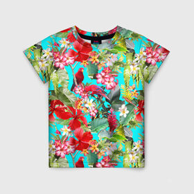 Детская футболка 3D с принтом Тропический мир в Петрозаводске, 100% гипоаллергенный полиэфир | прямой крой, круглый вырез горловины, длина до линии бедер, чуть спущенное плечо, ткань немного тянется | паттерн | разноцветный | тропики | цветы | яркий
