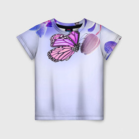Детская футболка 3D с принтом Цветы с бабочкой в Петрозаводске, 100% гипоаллергенный полиэфир | прямой крой, круглый вырез горловины, длина до линии бедер, чуть спущенное плечо, ткань немного тянется | бабочки | весна | краски | лето | осень | цветок | цветы