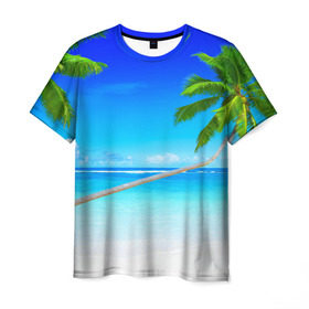 Мужская футболка 3D с принтом Лазурный берег в Петрозаводске, 100% полиэфир | прямой крой, круглый вырез горловины, длина до линии бедер | берег | лето | море | океан | отдых | пальма | песок