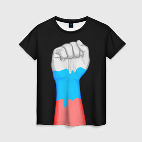 Женская футболка 3D с принтом Русский кулак в Петрозаводске, 100% полиэфир ( синтетическое хлопкоподобное полотно) | прямой крой, круглый вырез горловины, длина до линии бедер | бодиарт | россия | триколор | флаг