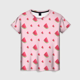 Женская футболка 3D с принтом Сочные арбузики в Петрозаводске, 100% полиэфир ( синтетическое хлопкоподобное полотно) | прямой крой, круглый вырез горловины, длина до линии бедер | арбузы | арт | еда | лето | фрукты