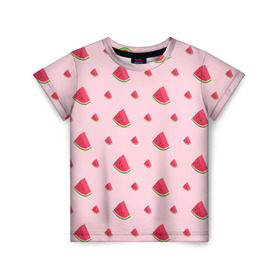 Детская футболка 3D с принтом Сочные арбузики в Петрозаводске, 100% гипоаллергенный полиэфир | прямой крой, круглый вырез горловины, длина до линии бедер, чуть спущенное плечо, ткань немного тянется | арбузы | арт | еда | лето | фрукты