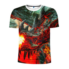 Мужская футболка 3D спортивная с принтом Дракон в Петрозаводске, 100% полиэстер с улучшенными характеристиками | приталенный силуэт, круглая горловина, широкие плечи, сужается к линии бедра | дракон | лава | огонь | пламя