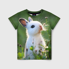 Детская футболка 3D с принтом Кролик в Петрозаводске, 100% гипоаллергенный полиэфир | прямой крой, круглый вырез горловины, длина до линии бедер, чуть спущенное плечо, ткань немного тянется | animal | baby | cute | flowers | fluffy | hare | lawn | little | meadow | rabbit | животное | заяц | кролик | луг | лужайка | маленький | малыш | милый | пушистый | цветы