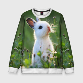 Детский свитшот 3D с принтом Кролик в Петрозаводске, 100% полиэстер | свободная посадка, прямой крой, мягкая тканевая резинка на рукавах и понизу свитшота | animal | baby | cute | flowers | fluffy | hare | lawn | little | meadow | rabbit | животное | заяц | кролик | луг | лужайка | маленький | малыш | милый | пушистый | цветы