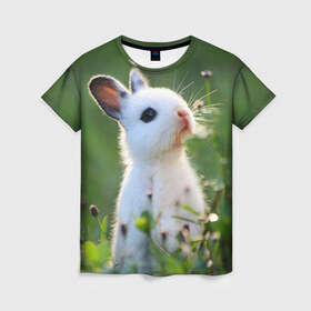 Женская футболка 3D с принтом Кролик в Петрозаводске, 100% полиэфир ( синтетическое хлопкоподобное полотно) | прямой крой, круглый вырез горловины, длина до линии бедер | animal | baby | cute | flowers | fluffy | hare | lawn | little | meadow | rabbit | животное | заяц | кролик | луг | лужайка | маленький | малыш | милый | пушистый | цветы