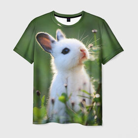 Мужская футболка 3D с принтом Кролик в Петрозаводске, 100% полиэфир | прямой крой, круглый вырез горловины, длина до линии бедер | animal | baby | cute | flowers | fluffy | hare | lawn | little | meadow | rabbit | животное | заяц | кролик | луг | лужайка | маленький | малыш | милый | пушистый | цветы