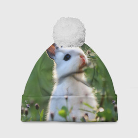 Шапка 3D c помпоном с принтом Кролик в Петрозаводске, 100% полиэстер | универсальный размер, печать по всей поверхности изделия | animal | baby | cute | flowers | fluffy | hare | lawn | little | meadow | rabbit | животное | заяц | кролик | луг | лужайка | маленький | малыш | милый | пушистый | цветы