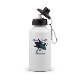 Бутылка спортивная с принтом San Jose Sharks hockey в Петрозаводске, металл | емкость — 500 мл, в комплекте две пластиковые крышки и карабин для крепления | nhl | san jose sharks | спорт | хоккей