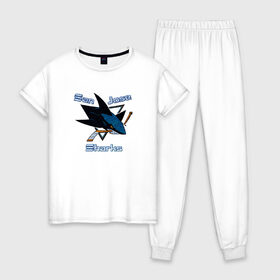 Женская пижама хлопок с принтом San Jose Sharks hockey в Петрозаводске, 100% хлопок | брюки и футболка прямого кроя, без карманов, на брюках мягкая резинка на поясе и по низу штанин | nhl | san jose sharks | спорт | хоккей