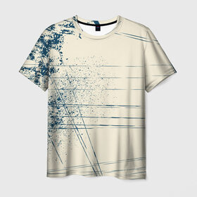 Мужская футболка 3D с принтом Текстура в Петрозаводске, 100% полиэфир | прямой крой, круглый вырез горловины, длина до линии бедер | бежевый | кляксы | краски | линии | синий | текстура | узоры | цвет