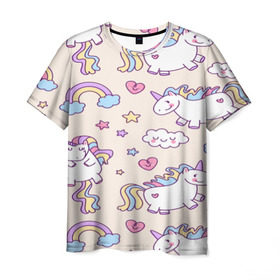 Мужская футболка 3D с принтом Радужные Единорожки в Петрозаводске, 100% полиэфир | прямой крой, круглый вырез горловины, длина до линии бедер | Тематика изображения на принте: unicorn | белый | единорог | лошадь | облако | радуга | розовый | сердце | улыбка | фиолетовый | цвет