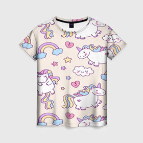 Женская футболка 3D с принтом Радужные Единорожки в Петрозаводске, 100% полиэфир ( синтетическое хлопкоподобное полотно) | прямой крой, круглый вырез горловины, длина до линии бедер | unicorn | белый | единорог | лошадь | облако | радуга | розовый | сердце | улыбка | фиолетовый | цвет