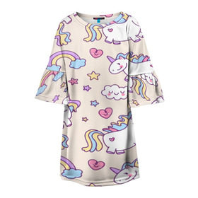 Детское платье 3D с принтом Радужные Единорожки в Петрозаводске, 100% полиэстер | прямой силуэт, чуть расширенный к низу. Круглая горловина, на рукавах — воланы | Тематика изображения на принте: unicorn | белый | единорог | лошадь | облако | радуга | розовый | сердце | улыбка | фиолетовый | цвет