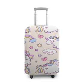 Чехол для чемодана 3D с принтом Радужные Единорожки в Петрозаводске, 86% полиэфир, 14% спандекс | двустороннее нанесение принта, прорези для ручек и колес | unicorn | белый | единорог | лошадь | облако | радуга | розовый | сердце | улыбка | фиолетовый | цвет