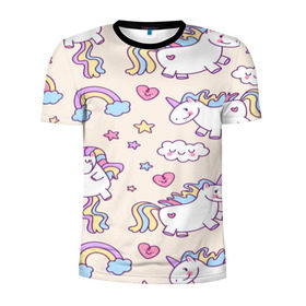 Мужская футболка 3D спортивная с принтом Радужные Единорожки в Петрозаводске, 100% полиэстер с улучшенными характеристиками | приталенный силуэт, круглая горловина, широкие плечи, сужается к линии бедра | unicorn | белый | единорог | лошадь | облако | радуга | розовый | сердце | улыбка | фиолетовый | цвет