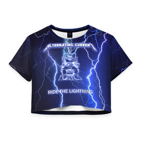 Женская футболка 3D укороченная с принтом Metallica - Ride the Lightning в Петрозаводске, 100% полиэстер | круглая горловина, длина футболки до линии талии, рукава с отворотами | album | metal | metallica | ride the lightning | rock | альбом | метал | металлика | молния | рок