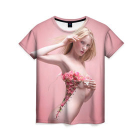 Женская футболка 3D с принтом Сюрреализм в Петрозаводске, 100% полиэфир ( синтетическое хлопкоподобное полотно) | прямой крой, круглый вырез горловины, длина до линии бедер | blonde | flowers | girl | lace | naked | nude | photo | surrealism | блондинка | девушка | сюрреализм | фото | цветы | шнуровка