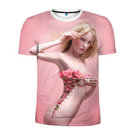 Мужская футболка 3D спортивная с принтом Сюрреализм в Петрозаводске, 100% полиэстер с улучшенными характеристиками | приталенный силуэт, круглая горловина, широкие плечи, сужается к линии бедра | blonde | flowers | girl | lace | naked | nude | photo | surrealism | блондинка | девушка | сюрреализм | фото | цветы | шнуровка
