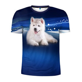 Мужская футболка 3D спортивная с принтом Щенок хаски в Петрозаводске, 100% полиэстер с улучшенными характеристиками | приталенный силуэт, круглая горловина, широкие плечи, сужается к линии бедра | кутёнок | прикольные картинки | собака | хаска | щенок