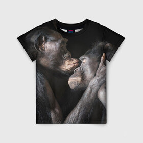 Детская футболка 3D с принтом Шимпанзе в Петрозаводске, 100% гипоаллергенный полиэфир | прямой крой, круглый вырез горловины, длина до линии бедер, чуть спущенное плечо, ткань немного тянется | chimps | family | feelings | kiss | monkeys | primates | любовь | обезьяны | поцелуй | приматы | семья | чувства | шимпанзе