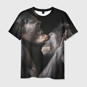 Мужская футболка 3D с принтом Шимпанзе в Петрозаводске, 100% полиэфир | прямой крой, круглый вырез горловины, длина до линии бедер | chimps | family | feelings | kiss | monkeys | primates | любовь | обезьяны | поцелуй | приматы | семья | чувства | шимпанзе