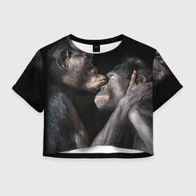 Женская футболка 3D укороченная с принтом Шимпанзе в Петрозаводске, 100% полиэстер | круглая горловина, длина футболки до линии талии, рукава с отворотами | chimps | family | feelings | kiss | monkeys | primates | любовь | обезьяны | поцелуй | приматы | семья | чувства | шимпанзе