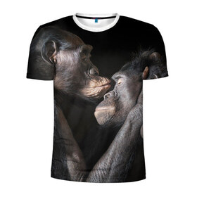 Мужская футболка 3D спортивная с принтом Шимпанзе в Петрозаводске, 100% полиэстер с улучшенными характеристиками | приталенный силуэт, круглая горловина, широкие плечи, сужается к линии бедра | chimps | family | feelings | kiss | monkeys | primates | любовь | обезьяны | поцелуй | приматы | семья | чувства | шимпанзе