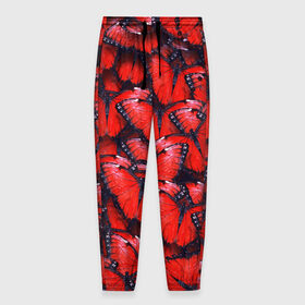 Мужские брюки 3D с принтом Красные бабочки в Петрозаводске, 100% полиэстер | манжеты по низу, эластичный пояс регулируется шнурком, по бокам два кармана без застежек, внутренняя часть кармана из мелкой сетки | бабочки | крылья | паттерн