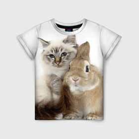 Детская футболка 3D с принтом Кот и кролик в Петрозаводске, 100% гипоаллергенный полиэфир | прямой крой, круглый вырез горловины, длина до линии бедер, чуть спущенное плечо, ткань немного тянется | cat | cute | fluffy | friends | friendship | hug | kitty | rabbit | toddlers | дружба | друзья | кот | котенок | кролик | любовь | малыши | милые | обнимаются | пушистые