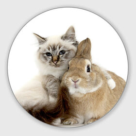 Коврик круглый с принтом Кот и кролик в Петрозаводске, резина и полиэстер | круглая форма, изображение наносится на всю лицевую часть | cat | cute | fluffy | friends | friendship | hug | kitty | rabbit | toddlers | дружба | друзья | кот | котенок | кролик | любовь | малыши | милые | обнимаются | пушистые
