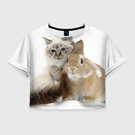 Женская футболка 3D укороченная с принтом Кот и кролик в Петрозаводске, 100% полиэстер | круглая горловина, длина футболки до линии талии, рукава с отворотами | cat | cute | fluffy | friends | friendship | hug | kitty | rabbit | toddlers | дружба | друзья | кот | котенок | кролик | любовь | малыши | милые | обнимаются | пушистые