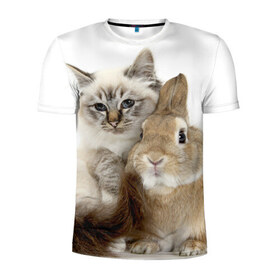 Мужская футболка 3D спортивная с принтом Кот и кролик в Петрозаводске, 100% полиэстер с улучшенными характеристиками | приталенный силуэт, круглая горловина, широкие плечи, сужается к линии бедра | Тематика изображения на принте: cat | cute | fluffy | friends | friendship | hug | kitty | rabbit | toddlers | дружба | друзья | кот | котенок | кролик | любовь | малыши | милые | обнимаются | пушистые