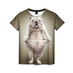 Женская футболка 3D с принтом Бульдог английский в Петрозаводске, 100% полиэфир ( синтетическое хлопкоподобное полотно) | прямой крой, круглый вырез горловины, длина до линии бедер | animals | breed | dog | english bulldog | funny | joke | pants | surrealism | бульдог английский | животное | порода | прикол | собака | сюрреализм | шутка