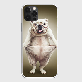 Чехол для iPhone 12 Pro Max с принтом Бульдог английский в Петрозаводске, Силикон |  | Тематика изображения на принте: animals | breed | dog | english bulldog | funny | joke | pants | surrealism | бульдог английский | животное | порода | прикол | собака | сюрреализм | шутка
