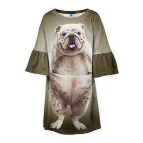 Детское платье 3D с принтом Бульдог английский в Петрозаводске, 100% полиэстер | прямой силуэт, чуть расширенный к низу. Круглая горловина, на рукавах — воланы | animals | breed | dog | english bulldog | funny | joke | pants | surrealism | бульдог английский | животное | порода | прикол | собака | сюрреализм | шутка