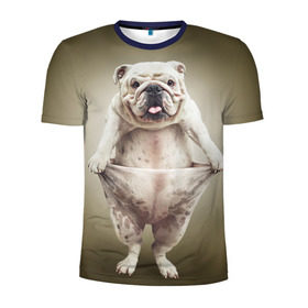 Мужская футболка 3D спортивная с принтом Бульдог английский в Петрозаводске, 100% полиэстер с улучшенными характеристиками | приталенный силуэт, круглая горловина, широкие плечи, сужается к линии бедра | animals | breed | dog | english bulldog | funny | joke | pants | surrealism | бульдог английский | животное | порода | прикол | собака | сюрреализм | шутка