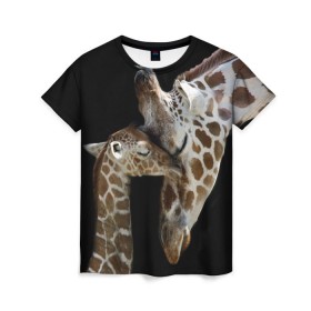 Женская футболка 3D с принтом Жирафы в Петрозаводске, 100% полиэфир ( синтетическое хлопкоподобное полотно) | прямой крой, круглый вырез горловины, длина до линии бедер | africa | animals | baby | child | family | giraffes | head | mother | африка | головы | животные | жирафы | любовь | малыш | мама | ребенок | семья