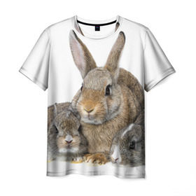 Мужская футболка 3D с принтом Кролики в Петрозаводске, 100% полиэфир | прямой крой, круглый вырез горловины, длина до линии бедер | animals | bunnies | cute | eared | family | fluffy | kids | mom | rabbits | животные | зайцы | кролики | малыши | мама | милые | пушистые | семья | ушастые