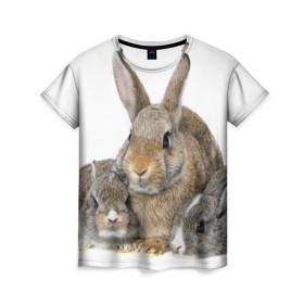 Женская футболка 3D с принтом Кролики в Петрозаводске, 100% полиэфир ( синтетическое хлопкоподобное полотно) | прямой крой, круглый вырез горловины, длина до линии бедер | animals | bunnies | cute | eared | family | fluffy | kids | mom | rabbits | животные | зайцы | кролики | малыши | мама | милые | пушистые | семья | ушастые