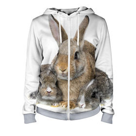 Женская толстовка 3D на молнии с принтом Кролики в Петрозаводске, 100% полиэстер | длина до линии бедра, манжеты и пояс оформлены мягкой тканевой резинкой, двухслойный капюшон со шнурком для регулировки, спереди молния, по бокам два кармана | animals | bunnies | cute | eared | family | fluffy | kids | mom | rabbits | животные | зайцы | кролики | малыши | мама | милые | пушистые | семья | ушастые