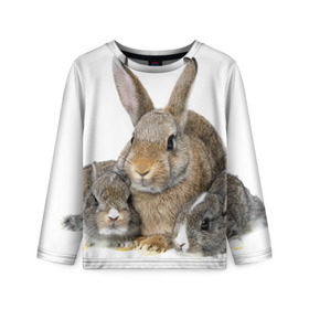 Детский лонгслив 3D с принтом Кролики в Петрозаводске, 100% полиэстер | длинные рукава, круглый вырез горловины, полуприлегающий силуэт
 | animals | bunnies | cute | eared | family | fluffy | kids | mom | rabbits | животные | зайцы | кролики | малыши | мама | милые | пушистые | семья | ушастые