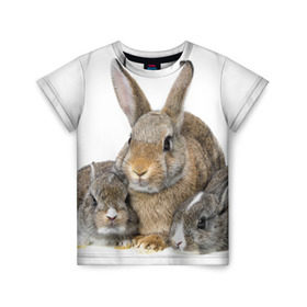 Детская футболка 3D с принтом Кролики в Петрозаводске, 100% гипоаллергенный полиэфир | прямой крой, круглый вырез горловины, длина до линии бедер, чуть спущенное плечо, ткань немного тянется | animals | bunnies | cute | eared | family | fluffy | kids | mom | rabbits | животные | зайцы | кролики | малыши | мама | милые | пушистые | семья | ушастые