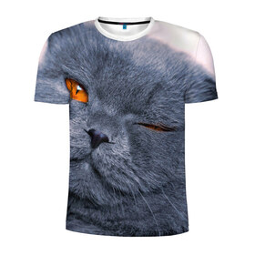 Мужская футболка 3D спортивная с принтом Кот в Петрозаводске, 100% полиэстер с улучшенными характеристиками | приталенный силуэт, круглая горловина, широкие плечи, сужается к линии бедра | Тематика изображения на принте: британский | взгляд | глаза | животные | кот