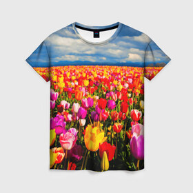 Женская футболка 3D с принтом Тюльпаны в Петрозаводске, 100% полиэфир ( синтетическое хлопкоподобное полотно) | прямой крой, круглый вырез горловины, длина до линии бедер | белые | поле | природа | тюльпан | цветок