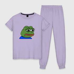 Женская пижама хлопок с принтом sad frog в Петрозаводске, 100% хлопок | брюки и футболка прямого кроя, без карманов, на брюках мягкая резинка на поясе и по низу штанин | pepe | грустная | мемы | пепе