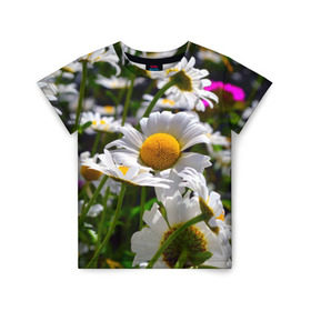Детская футболка 3D с принтом Ромашки в Петрозаводске, 100% гипоаллергенный полиэфир | прямой крой, круглый вырез горловины, длина до линии бедер, чуть спущенное плечо, ткань немного тянется | желтая | лепесток | природа | ромашка | цветок | яркая