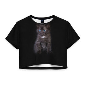 Женская футболка 3D укороченная с принтом Чёрный котёнок в Петрозаводске, 100% полиэстер | круглая горловина, длина футболки до линии талии, рукава с отворотами | Тематика изображения на принте: киска | кот | кошка