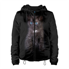 Женская куртка 3D с принтом Чёрный котёнок в Петрозаводске, ткань верха — 100% полиэстер, подклад — флис | прямой крой, подол и капюшон оформлены резинкой с фиксаторами, два кармана без застежек по бокам, один большой потайной карман на груди. Карман на груди застегивается на липучку | киска | кот | кошка